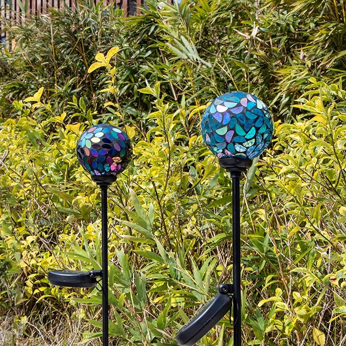 VCUTEKA Solar Garden Decorative Lights Outdoor, Mosaic Solar Light Waterproof LED Pathway Stake Light for Landscape Patio Yard Deck Walkway Decoration, 2 Pack （Blue&Purple）-Ruum Studio Home