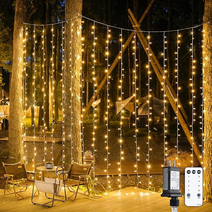 JMEXSUSS 900 LED Outdoor Christmas Curtain Lights, 9.5x29.5ft Christmas Lights Plug in with Remote, Twinkle Hanging String Light for Bedroom Wall Wedding Backdrop Window Gazebo Decor, Warm White-Ruum Studio Home