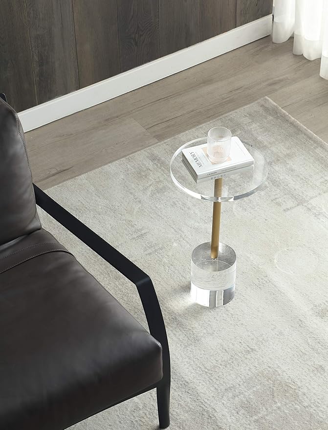 Clear Acrylic End Table,Side Table,Brushed Brass Metal,Round,for Office, Living Room and Bedroom,Easy Assembly,12x12 inch，21.3 inch high-Ruum Studio Home