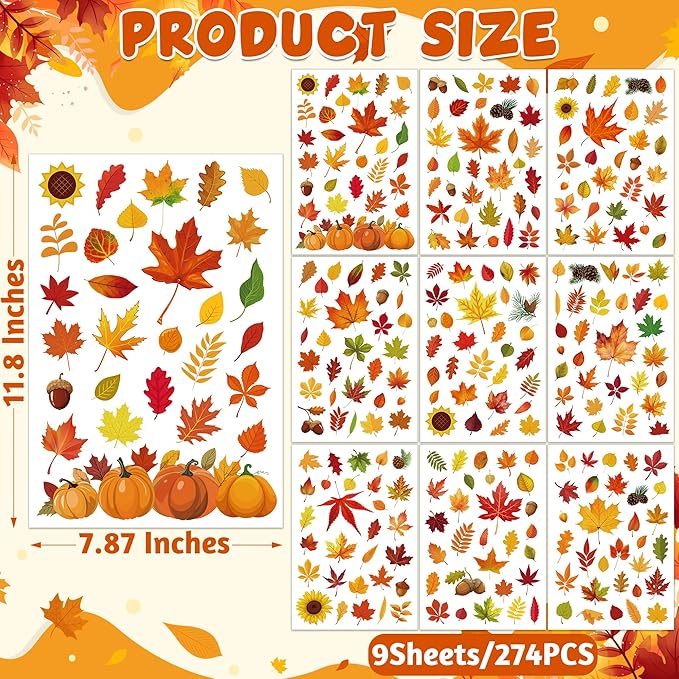 9 Sheets Fall Decorations, 274 PCS Fall Window Clings, Double Sided Autumn Stickers with Maple Leaves Pumpkin Nuts, Autumn Window Clings for Party Thanksgiving Decor Indoor Outdoor Accessories-Ruum Studio Home