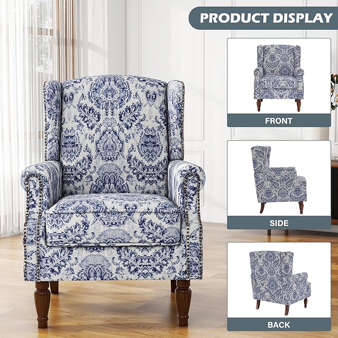 UIXE High Back Floral Accent Chairs Set of 2, Upholstered Armchair in Fabric, Retro Printed Wingback Arm Chair for Living Room, Nailhead Trim Single Sofa Bedroom Reading Seat - Navy Blue-Ruum Studio Home
