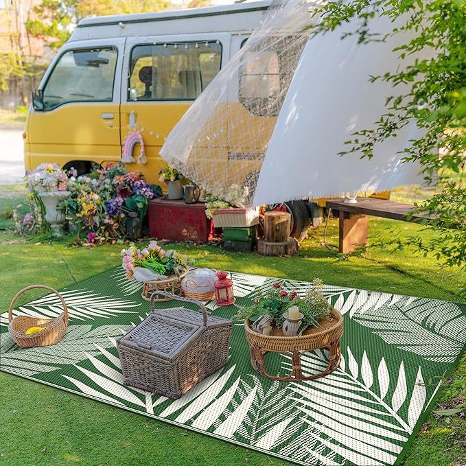 GENIMO Outdoor Rug 6' x 9' Waterproof for Patios Clearance, Reversible Outdoor Plastic Straw Camping Rug Carpet, Large Area Rugs Mats for RV, Picnic, Backyard, Deck, Balcony, Porch, Dark Green&White-Ruum Studio Home