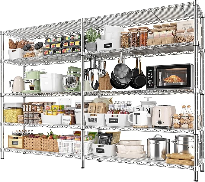 REIBII 69.8" W Storage Shelves 1510LBS Wire Shelving Unit 5 Tier Metal Shelving for Storage Rack Shelves Adjustable Heavy Duty Garage Shelf Pantry Shelves Kitchen Shelving,69.8"Wx15.8"Dx72.4"H,Chrome-Ruum Studio Home