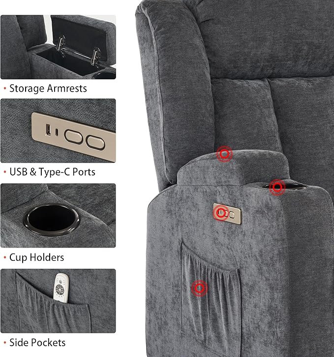 Power Lift Recliner Chair for Elderly with Massage and Heat, Recliner Chairs for Adults, Upgraded Fabric Reclining Sofa Chair with USB & Type-C Ports and Cup Holders, L1188(Grey)-Ruum Studio Home