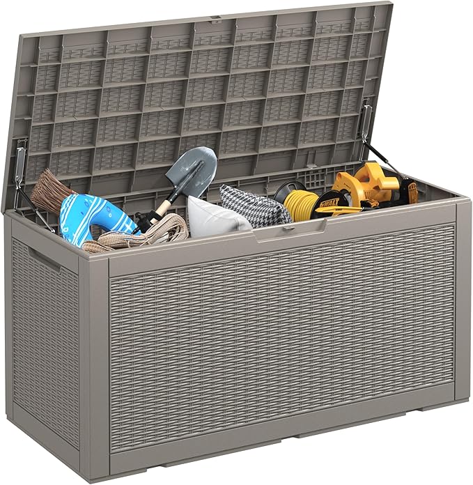 KAMABOKO 101 Gallon Waterproof Large Resin Deck Box, Lockable Large Outdoor Storage Boxes Indoor Outdoor Storage Container for Patio Cushions, Gardening Tools, Pool Supplies, Grey-Ruum Studio Home