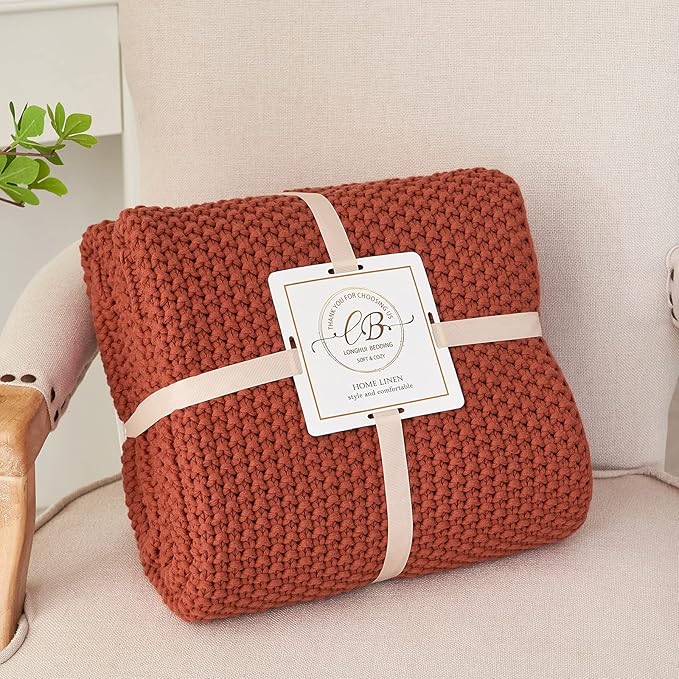 Longhui bedding Chunky Cable Knit Throw Blanket Lightweight Rust 100% Organic Cotton Blanket for Sofa Couch Bed Baby Nursery, Rustic Shabby Chic Modern Farmhouse, 51” x 63” Give Laundering Bag-Ruum Studio Home