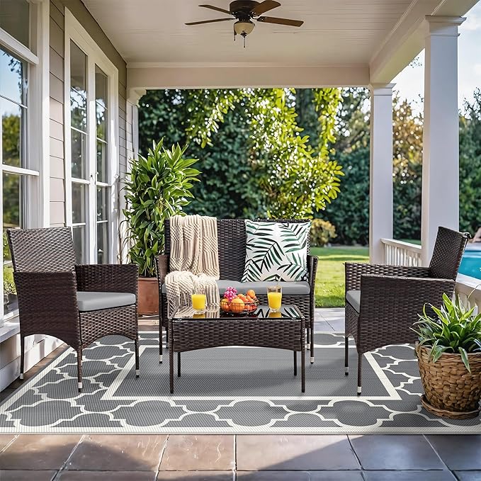 GENIMO 6' x 9' Outdoor Rug Waterproof for Patio Decor, Foldable Reversible Plastic Straw Area Rugs Mat for Camper, Outside Carpet for Rv, Deck, Porch, Picnic, Beach, Balcony, Grey & Beige White-Ruum Studio Home