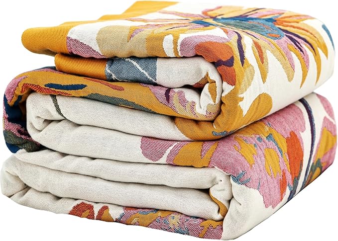 Boho Large Throw Blanket, 100% Organic Cotton Breathable Soft Bed King Throw - Fall Floral Bird Butterfly Farmhouse Decor Blanket for Sofa Couch Chair and Gift. 91" x 98"-Ruum Studio Home