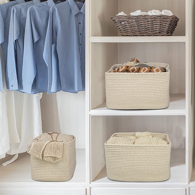 Rope storage Basket Bins Woven Basket for Organizing Shelves Rectangle Decorative Baskets For storage Clothes Toys Books Towels Square Wicker Nursery basket organizer 3 pack Oatmeal-Ruum Studio Home