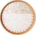 Round Rattan Tray with Mother of Pearl Inlay & Wooden Base - Decorative Wicker Serving Tray for Coffee/Bread/Fruits, Food Storage & Display - Multipurpose Home Decor (M,Fish Scales)-Ruum Studio Home