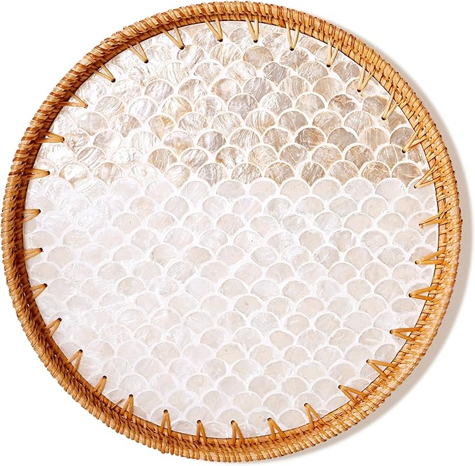 Round Rattan Tray with Mother of Pearl Inlay & Wooden Base - Decorative Wicker Serving Tray for Coffee/Bread/Fruits, Food Storage & Display - Multipurpose Home Decor (L,Fish Scales)-Ruum Studio Home