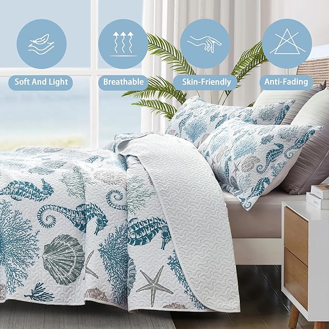 Coastal Bedding Queen Size Coastal Quilt with 2 Shams, Nautical Beach Comforter Sets Ocean Bedspreads Blue Seahorse Coverlet Summer Bedding, 90''x96''-Ruum Studio Home