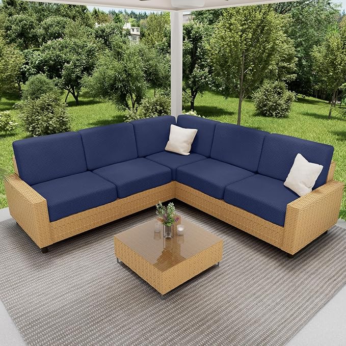 hyha Waterproof Sectional Couch Covers, Non Slip Sofa Couch Cushion Covers L Shape, Thick Stretch Jacquard Fabric, Washable Sofa Slipcovers with Elastic Bottom (1 Piece for Chaise, Navy)-Ruum Studio Home