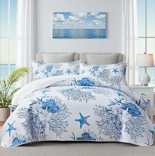 Coastal Bedding King Size Coastal Quilt with 2 Shams, Nautical Beach Comforter Sets Ocean Bedspreads Blue Starfish Coverlet Summer Bedding, 96''x106''-Ruum Studio Home