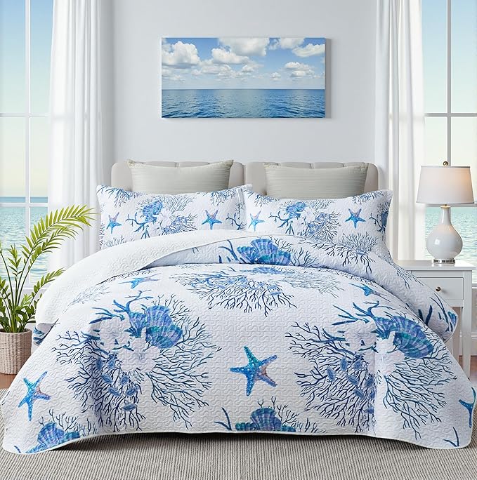 Coastal Bedding Queen Size Coastal Quilt with 2 Shams, Nautical Beach Comforter Sets Ocean Bedspreads Blue Starfish Coverlet Summer Bedding, 90''x96''-Ruum Studio Home