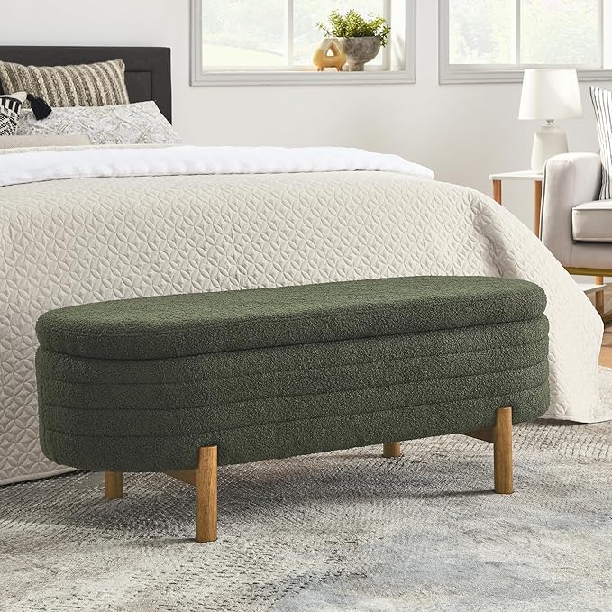 Furniliving 46” Storage Benches, End of Bed Bench with Button-Tufted Large Upholstered Storage Ottoman Teddy Window Bench with Storage Shoe Cabinet Bench, for Bedroom, Entryway, Closet, Green-Ruum Studio Home