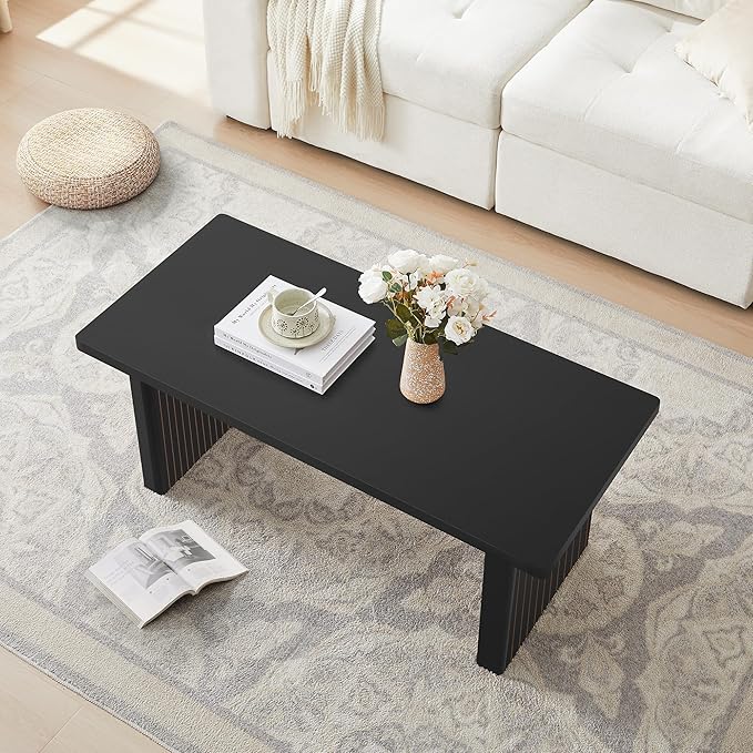 Rectangular Fluted Coffee Table, Farmhouse Wood Coffee Table Mid Century Modern Center Table Boho Living Room Tables for Living Room Office (Black, 19.69" D x 43.3" W x 17.72" H)-Ruum Studio Home