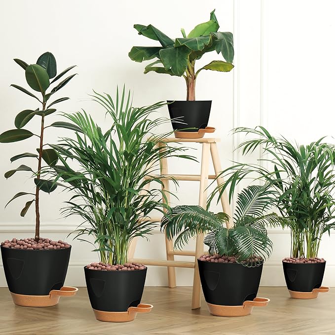 '- Uneed Plastic Flower Pot,5-Pack Plant Pots with Drainage 7/6.5/6/5.5/5 Inch,Self Watering Pots for Indoor Plants,Planters for Indoor Outdoor Plants (Black)-Ruum Studio Home