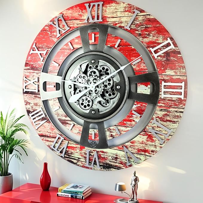 The Gears Clock Real Moving Gear Wall Clock England Line (Red Lava, 24 inches (60 cm))-Ruum Studio Home