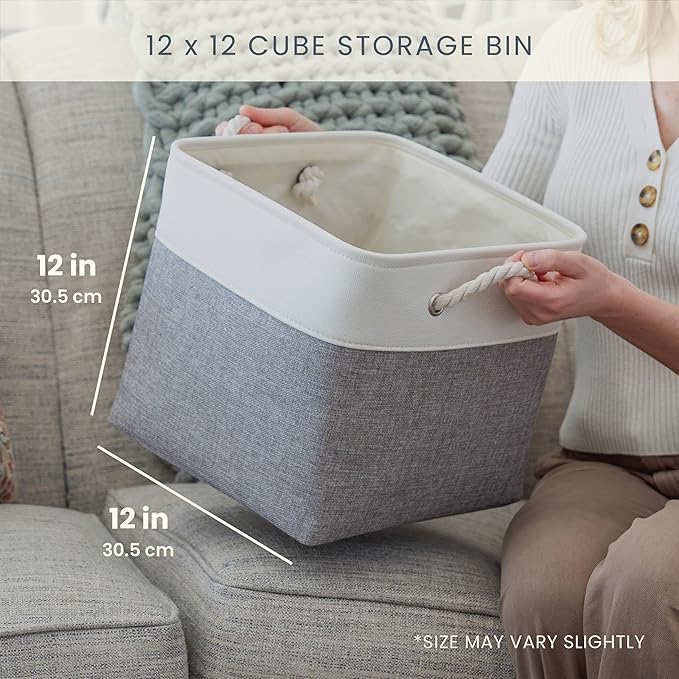 OrganiHaus 12x12 Cube Storage Bins 4 Pack, Foldable Cube Storage Organizer w/ Rope Handles, Collapsible Fabric Bins for Toys, Clothes & Closet Organization, Fabric Square Baskets - Gray/White-Ruum Studio Home