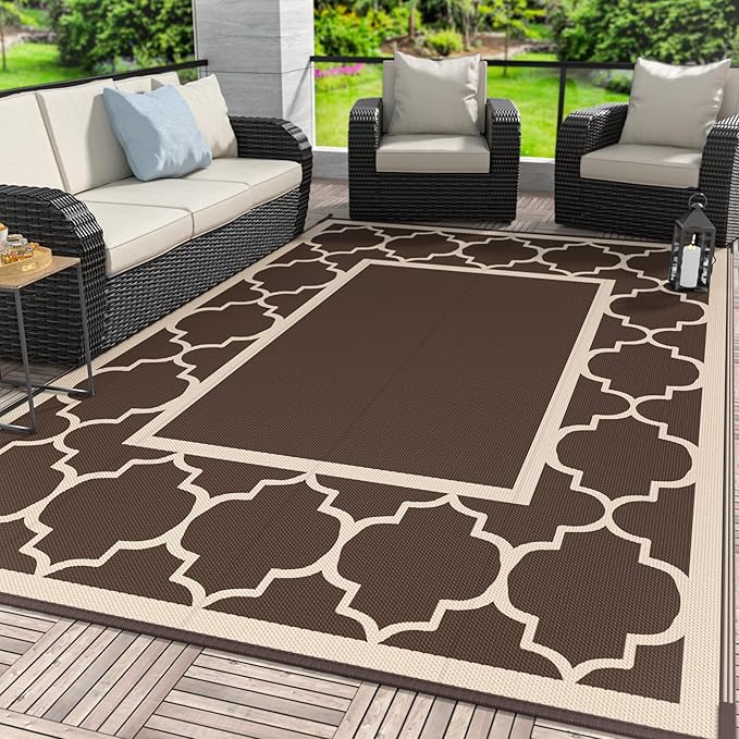 GENIMO Outdoor Rug 8' x 10' Patio Waterproof, Foldable Reversible Plastic Straw Area Rugs Mat for Camper Decor, Outside Carpet for Rv, Deck, Porch, Picnic, Beach, Balcony, Coffee & Beige-Ruum Studio Home