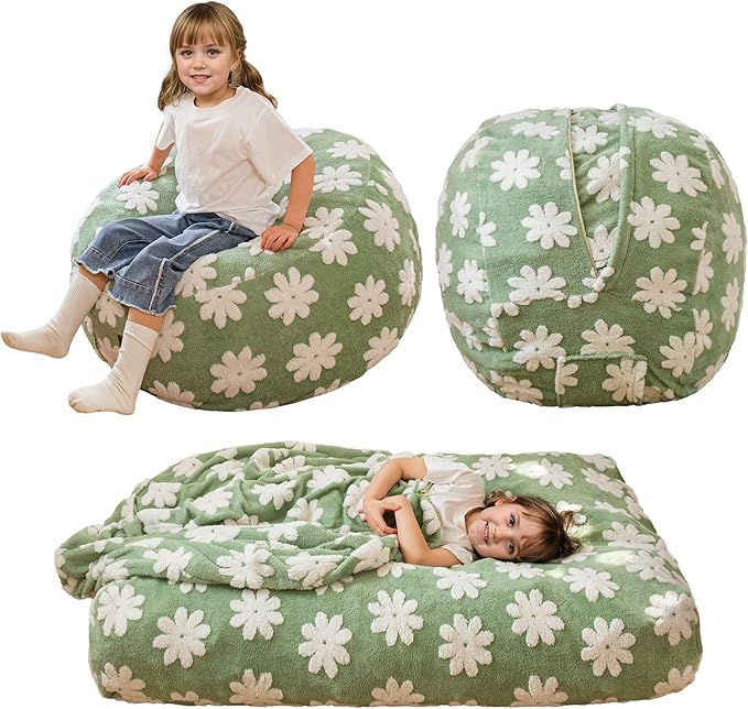 MAXYOYO Bean Bag Chair Bed for Kids, Convertible Bean Bag from Lazy Chair to Floor Bed, Fresh Floral Design Cover, Stuffed Floor Sofa Couch for Boys and Girls, High-Density Foam Filling, Green-Ruum Studio Home
