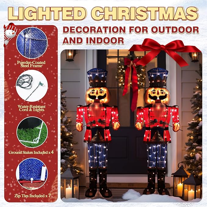 5FT Lighted Nutcracker with Drum for Christmas Decoration, Pre-Lit 3D Iridescent Soldier Xmas Decor with 100 Warm White Lights, Glittered Standing Holiday Display for Outdoor, Indoor-Ruum Studio Home