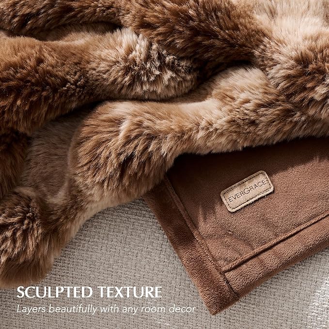 EVERGRACE Ultra Soft Luxury Fluffy Ridgeline Faux Rabbit Fur Throw Blanket, Thick Warm Bubble Throw for Bed, Cozy Plush Reversible Blankets for Couch, Chair, Sofa, Lion Caramel, 60x80 Inches, 870 GSM-Ruum Studio Home