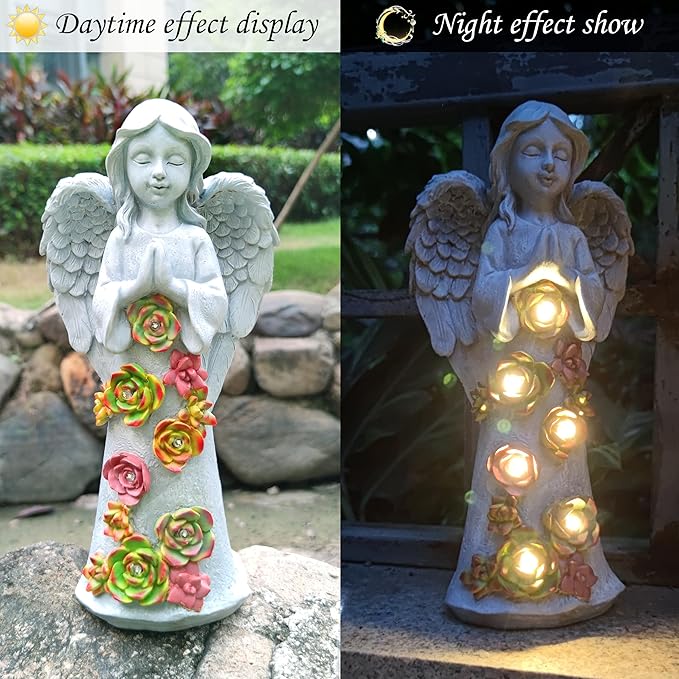 Angel Solar Garden Outdoor Statues with Succulent Plants and 6 LED Lights– Outside Solar Garden Decor Figurines -Remembrance & Sympathy Gifts Decorations-Ruum Studio Home