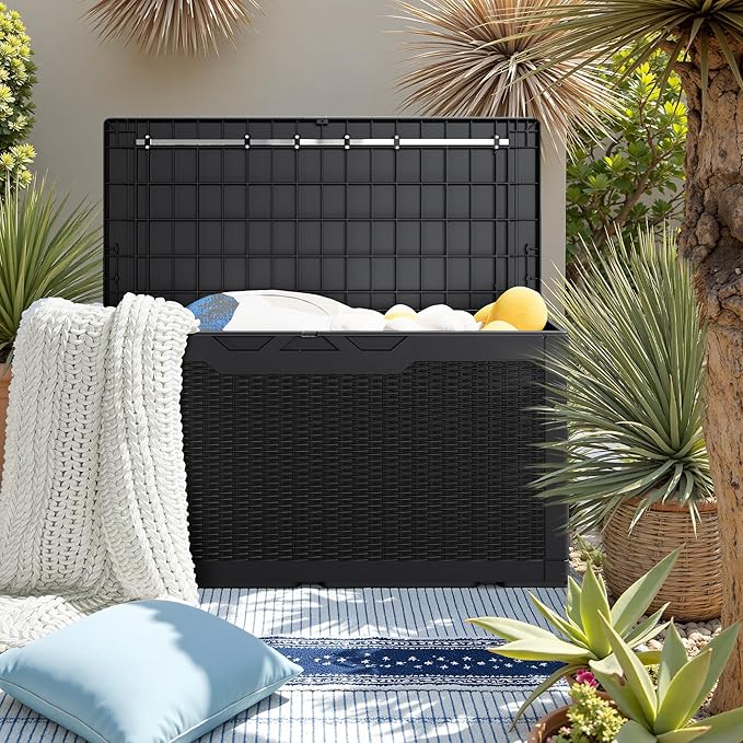 JUMMICO 100 Gallon Resin Deck Box, Waterproof Outdoor Storage Box with Lockable Lid for Garden Tools, Patio Cushions (Black)-Ruum Studio Home