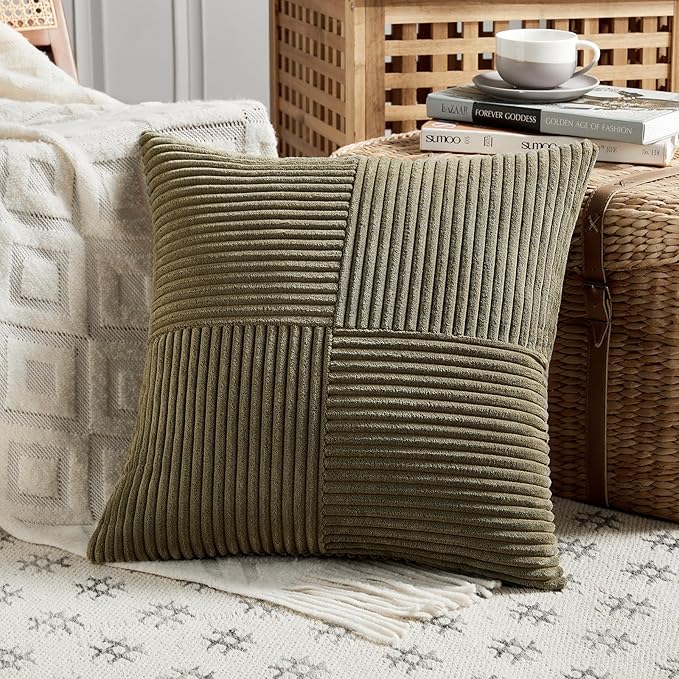 Fancy Homi 2 Packs Olive Green Decorative Throw Pillow Covers 18x18 Inch for Living Room Couch Bed Sofa, Rustic Farmhouse Boho Home Decor, Soft Corss Corduroy Patchwork Textured Cushion Case 45x45 cm-Ruum Studio Home