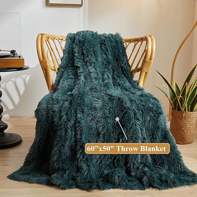 XeGe Luxury Faux Fur Throw Blanket, Deep Green Soft 50x60 Fluffy Blanket Throw, Shaggy Plush Decorative Couch Blanket, Cute Furry Throw Fuzzy Office Lap Blanket for Bedroom Living Room Dark Green-Ruum Studio Home