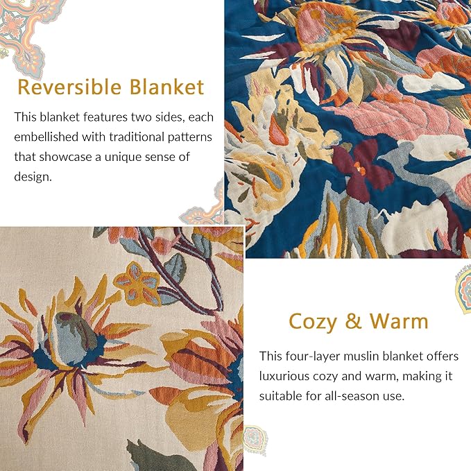 Boho Throw Blanket for Couch Sofa Bed, 100% Cotton Woven Quilt with Tassel 80”x90”, Super Soft Muslin Blanket with Floral Printed, Decorative Reversible Bed Blanket/Cover for All Seasons-Ruum Studio Home