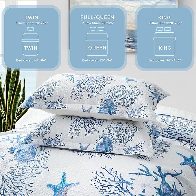 Coastal Bedding King Size Coastal Quilt with 2 Shams, Nautical Beach Comforter Sets Ocean Bedspreads Blue Starfish Coverlet Summer Bedding, 96''x106''-Ruum Studio Home