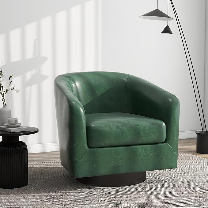 Swivel Barrel Accent Chair, Modern Round Faux Leather Arm Chair for Living Room, Bedroom, Comfy Club Reading Chairs for Adults(Faux Leather, Green, Set of 2)-Ruum Studio Home