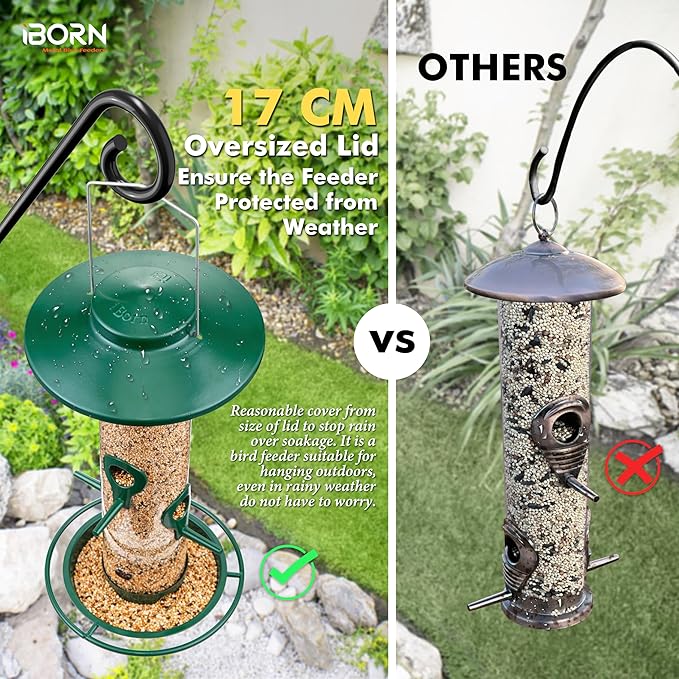 iBorn Bird Feeders for Outdoors, 2LB Metal Bird Feeders 17cm Large Roof &Tray, 4 Feeding Ports, Green Finish-Ruum Studio Home