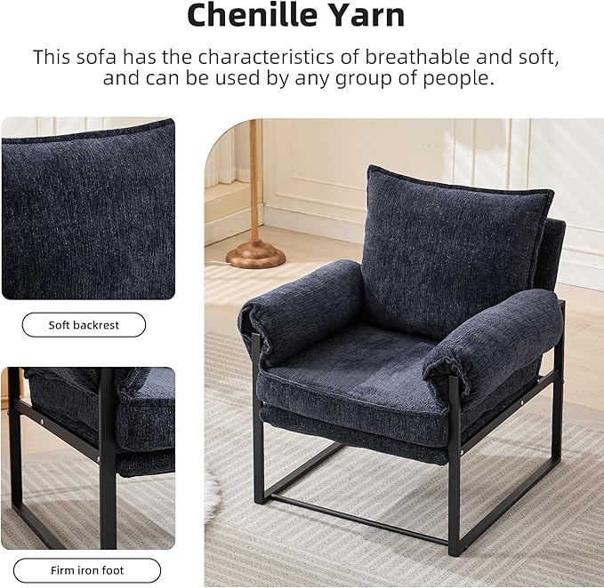 YISHENG Accent Chair with 6-Angle Adjustable Backrest, Chenille Fabric Living Room Chair Upholstered Lounge Chair, Modern Chair Cozy Reclining Chair for Reading Room, 1PC Dark Blue-Ruum Studio Home