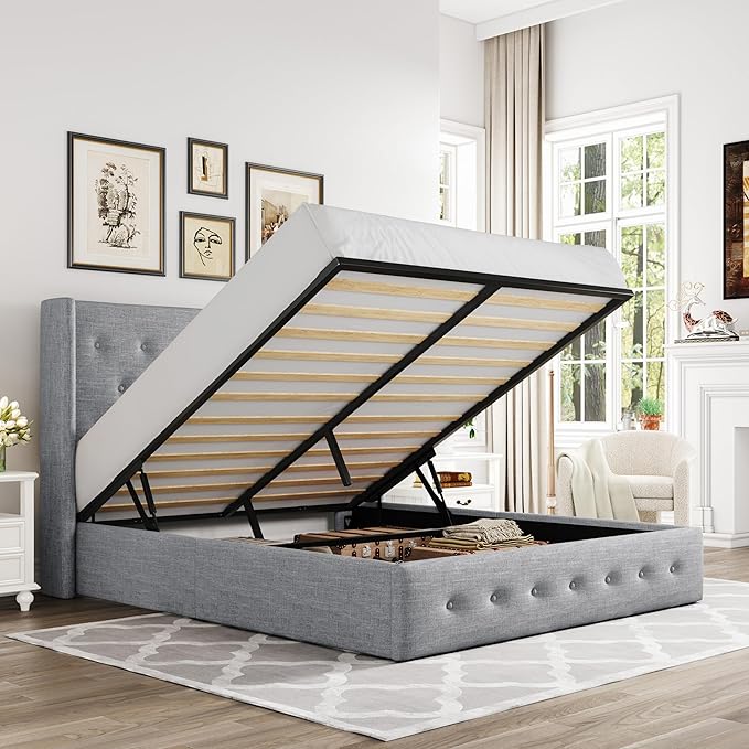 Allewie Full Size Lift Up Storage Bed, Button Tufted Headboard with Wingback, Hydraulic Support, No Box Spring Needed, Light Grey-Ruum Studio Home