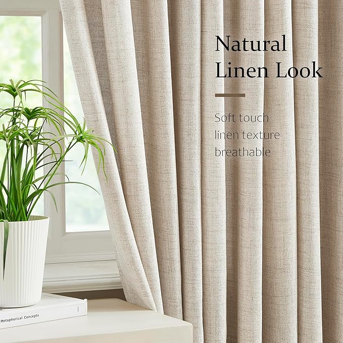 FMFUNCTEX Pinch Pleated Curtains 84 Inches Long for Living Room, Beige Semi Sheer Faux Linen Textured Pleat Drapes for Bedroom with Hooks, Light Filtering Neutral Farmhouse Window Drapes 2 Panels-Ruum Studio Home