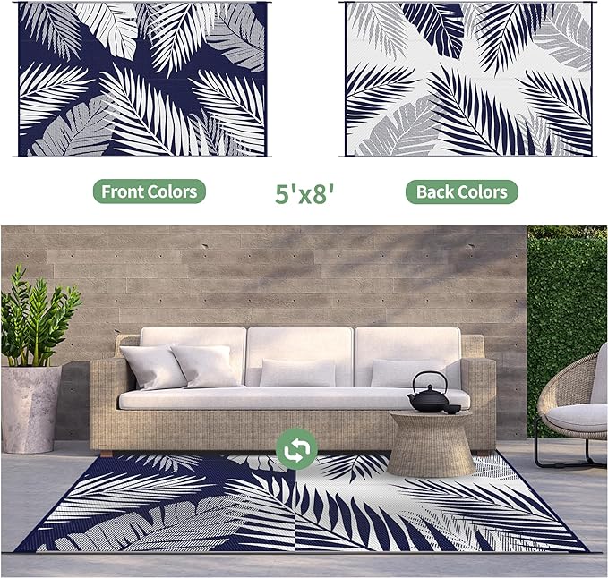 GENIMO Outdoor Rug 5' x 8' Waterproof for Patios Clearance, Reversible Outdoor Plastic Straw Camping Rug Carpet, Large Area Rugs Mats for RV, Picnic, Backyard, Deck, Balcony, Porch, Beach, Blue&White-Ruum Studio Home