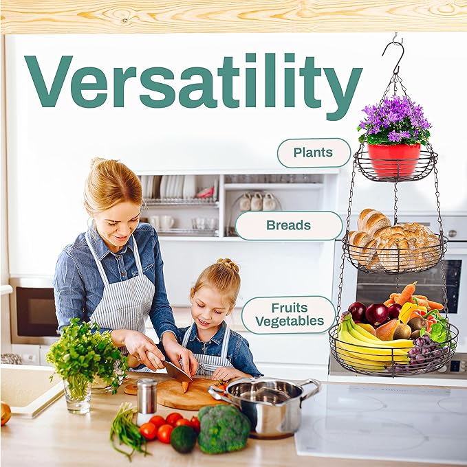 Home Intuition 3-Tier Hanging Fruit Produce Basket Heavy Duty Wire with 2 Metal Ceiling Hooks, Round, Bronze-Ruum Studio Home