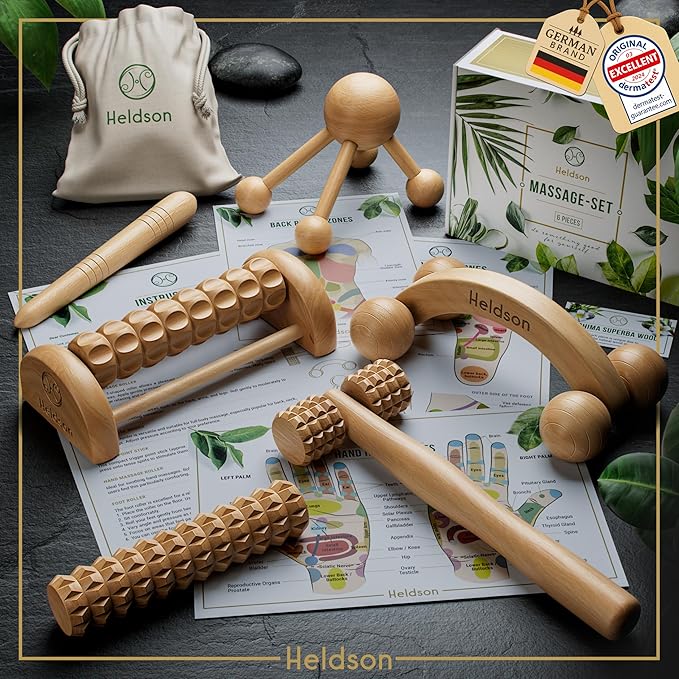 HELDSON® Wooden Therapy Massage Tools [6 Pieces] - Wood Rollers for Body Sculpting - Lymphatic Drainage Massager - Cellulite Tool - Maderoterapia Kit - Back Rolling Stick - Wellness Gifts Women, Men-Ruum Studio Home