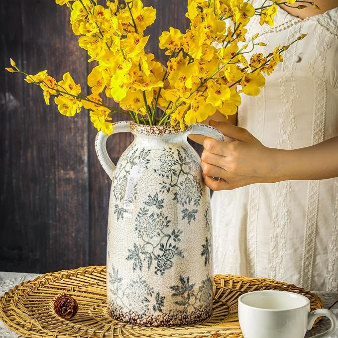 Enra Tall Vintage Blue and White Ceramic Vase with Handle, 11.2 Inch Chinoiserie Decorative Floral Vase, Large Rustic Ceramic Vase for Living Room, Office, Bookshelf, Home Decor-Ruum Studio Home