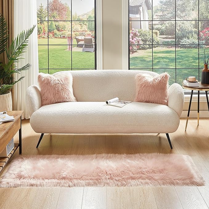 AMTOVO Faux Fur Rug, Pink Ultra Soft Fluffy Shag Sheepskin Rug, 2 x 6 ft Runner Area Rugs for Bedroom Sofa Throw Cushion Room Decor, Rectangle-Ruum Studio Home