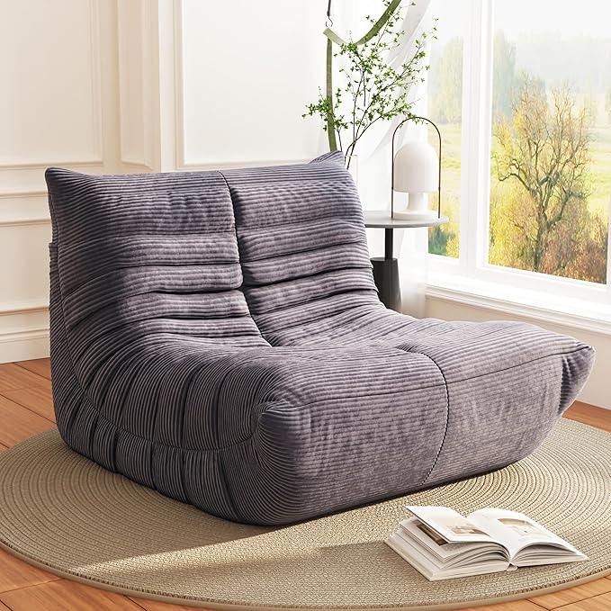 Bean Bag Chair, Lazy Floor Sofa Couch for Adults and Kids, Fireside Chair with Ergonomic Design, Memory Foam Lounge Chair for Living Room Bedroom, Office, Grey-Ruum Studio Home