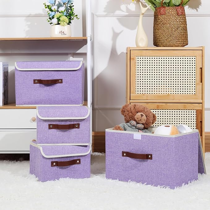 ANMINY Storage Bin with Lid Storage Boxes with PU Leather Handles PP Plastic Board Decorative Foldable Lidded Cotton Linen Fabric Home Cubes Baskets Closet Organizer Container - Purple, Small Size-Ruum Studio Home
