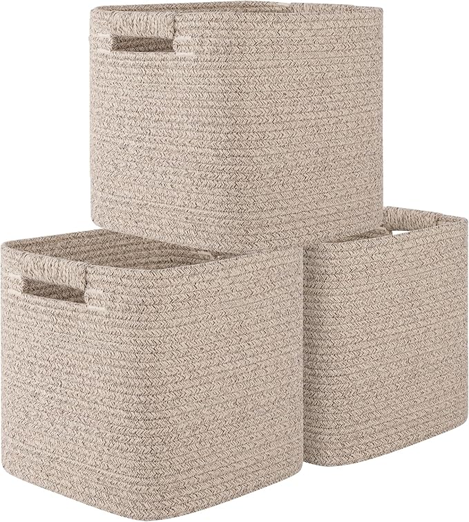 OIAHOMY Storage Cubes 11 Inch Storage Bins-3-Pack, Cotton Rope Woven Baskets for Organizing, Square Storage Baskets for Shelves Organizer, Classroom, Kids Toy Bins, Closet, Baby Nursery-Brown-Ruum Studio Home