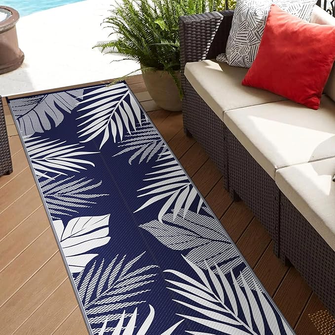 GENIMO Outdoor Rug 2.5' x 8' Waterproof for Patios Clearance, Reversible Outdoor Plastic Straw Camping Rug Carpet, Large Area Rugs Mats for RV, Camper, Deck, Balcony, Porch, Beach, Navy Blue&White-Ruum Studio Home