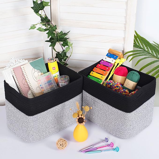 MINTWOOD Design 3-Pack Storage Baskets for Shelves, Playroom Classroom Storage Basket, Book Basket, Decorative Storage Cube Bins, Woven Closet Organizers, Pantry and Shoe Organizer, Black Light Grey-Ruum Studio Home