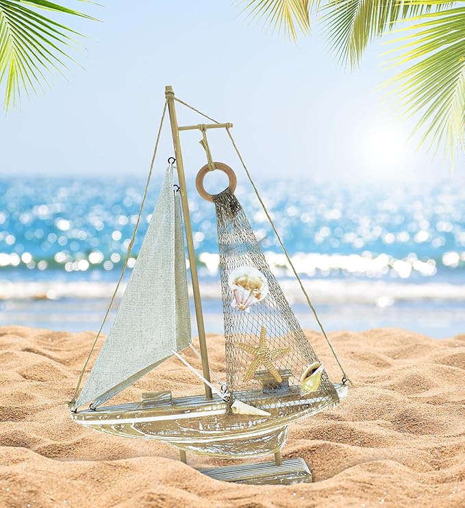 Puzzled Baja Haven Sailboat Decor - Handmade Beach Themed Wooden Boat Home Decor for Living Room Shelves, Tabletop, Desk, Cute Nautical Party Decorations - 14.5 Inches-Ruum Studio Home